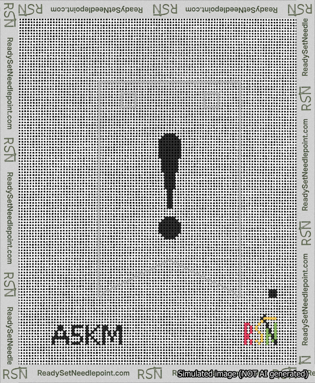 A taped needlepoint canvas with the design: Banner 13 mesh count Forked Exclamation Black on White.