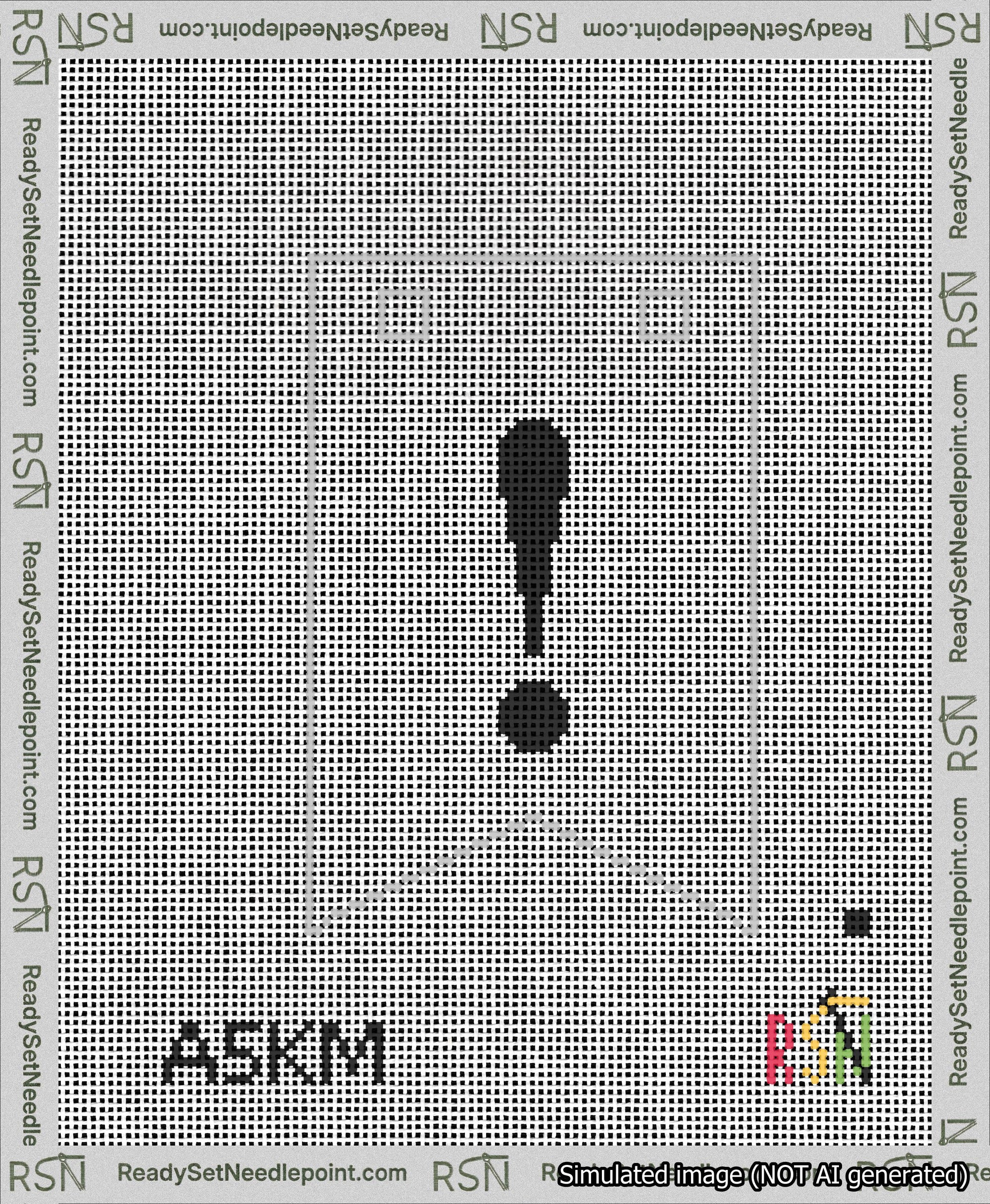 A taped needlepoint canvas with the design: Banner 13 mesh count Forked Exclamation Black on White.