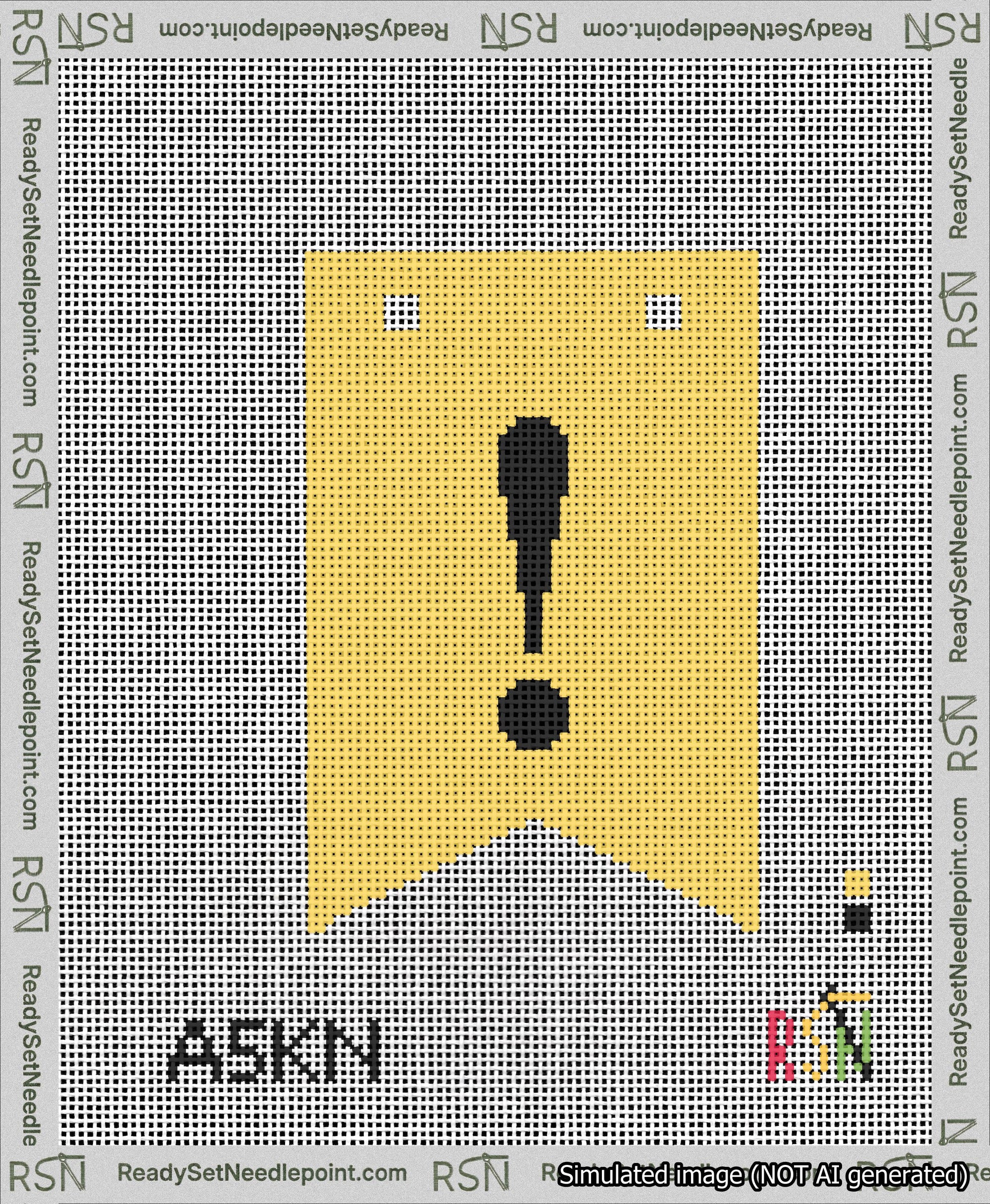 A taped needlepoint canvas with the design: Banner 13 mesh count Forked Exclamation Black on Yellow.