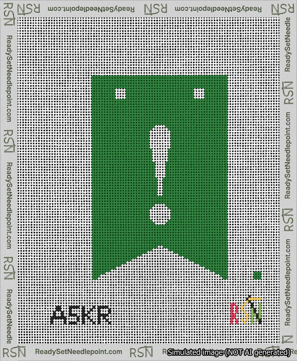 A taped needlepoint canvas with the design: Banner 13 mesh count Forked Exclamation White on Green.