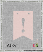 A taped needlepoint canvas with the design: Banner 13 mesh count Forked Exclamation White on Pink.