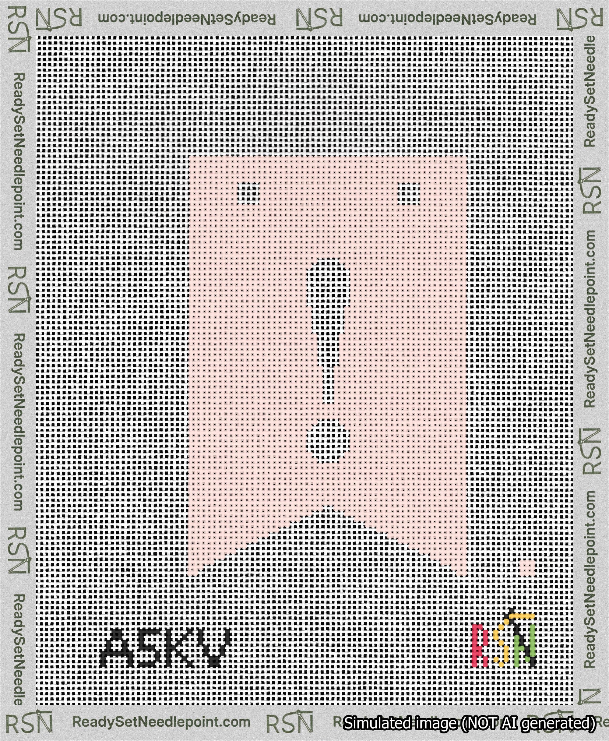 A taped needlepoint canvas with the design: Banner 13 mesh count Forked Exclamation White on Pink.