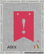 A taped needlepoint canvas with the design: Banner 13 mesh count Forked Exclamation White on Red.