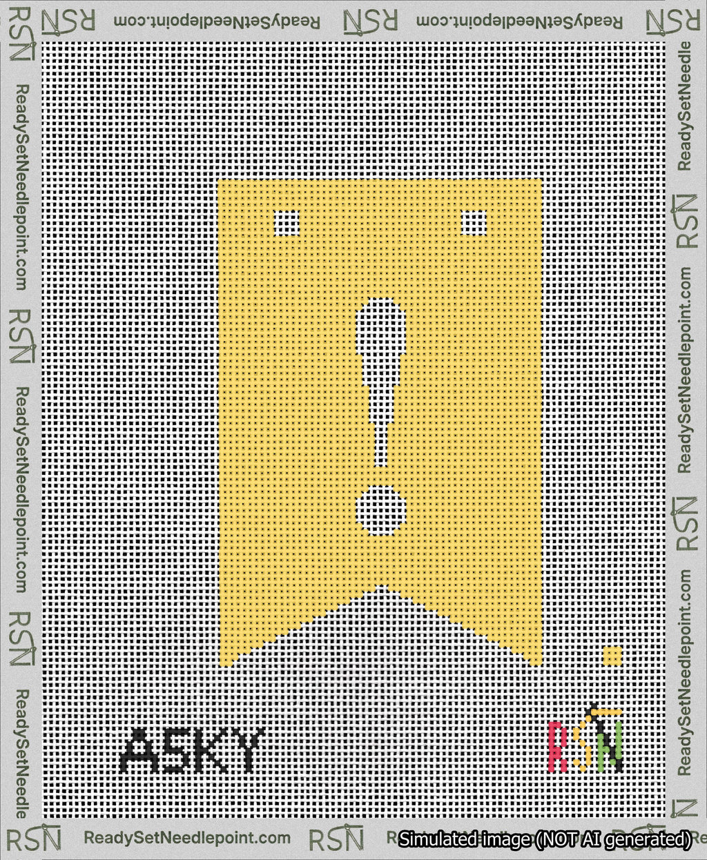 A taped needlepoint canvas with the design: Banner 13 mesh count Forked Exclamation White on Yellow.