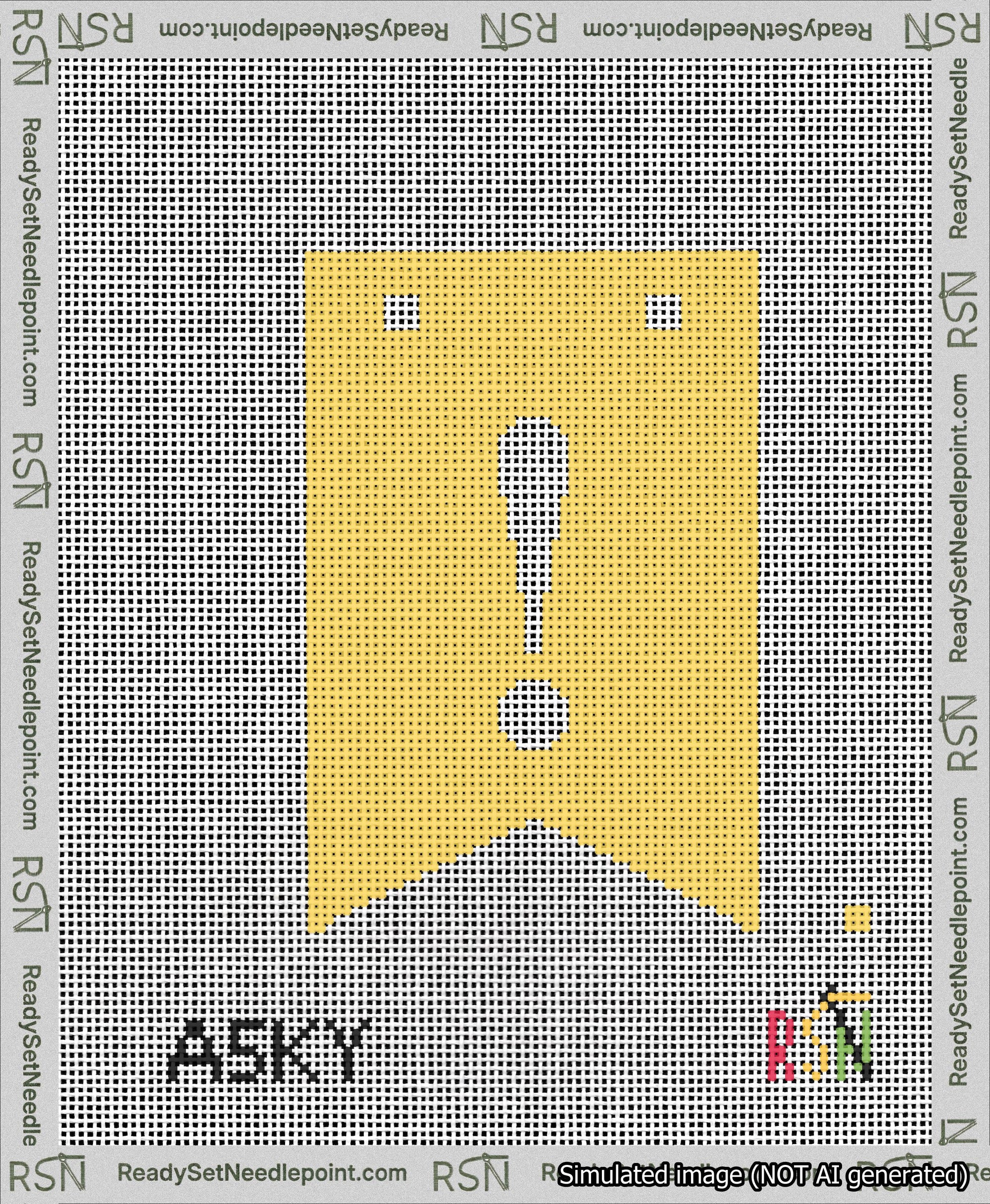 A taped needlepoint canvas with the design: Banner 13 mesh count Forked Exclamation White on Yellow.