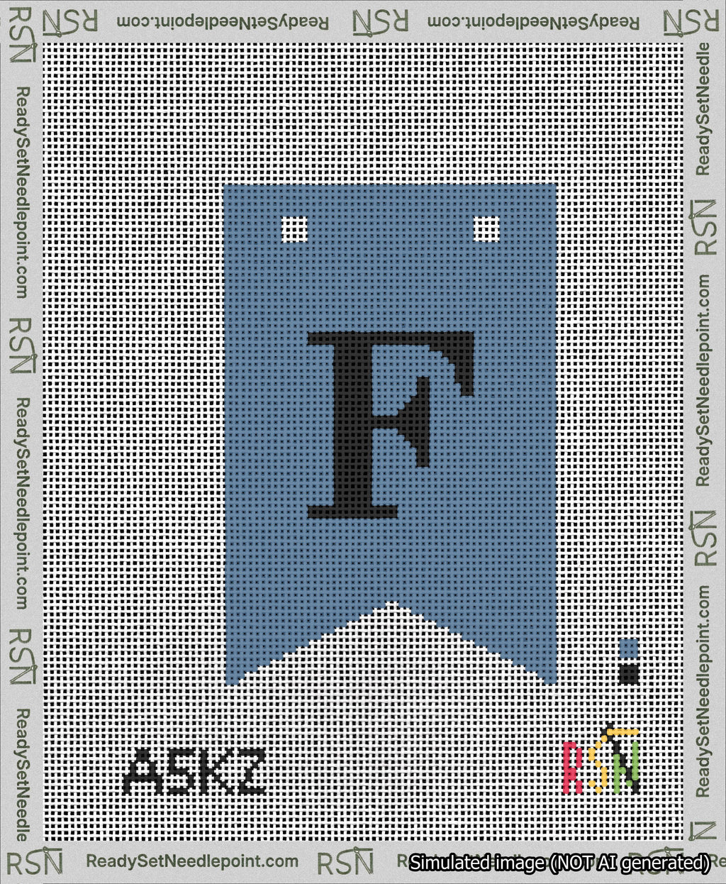 A taped needlepoint canvas with the design: Banner 13 mesh count Forked F Black on Blue.
