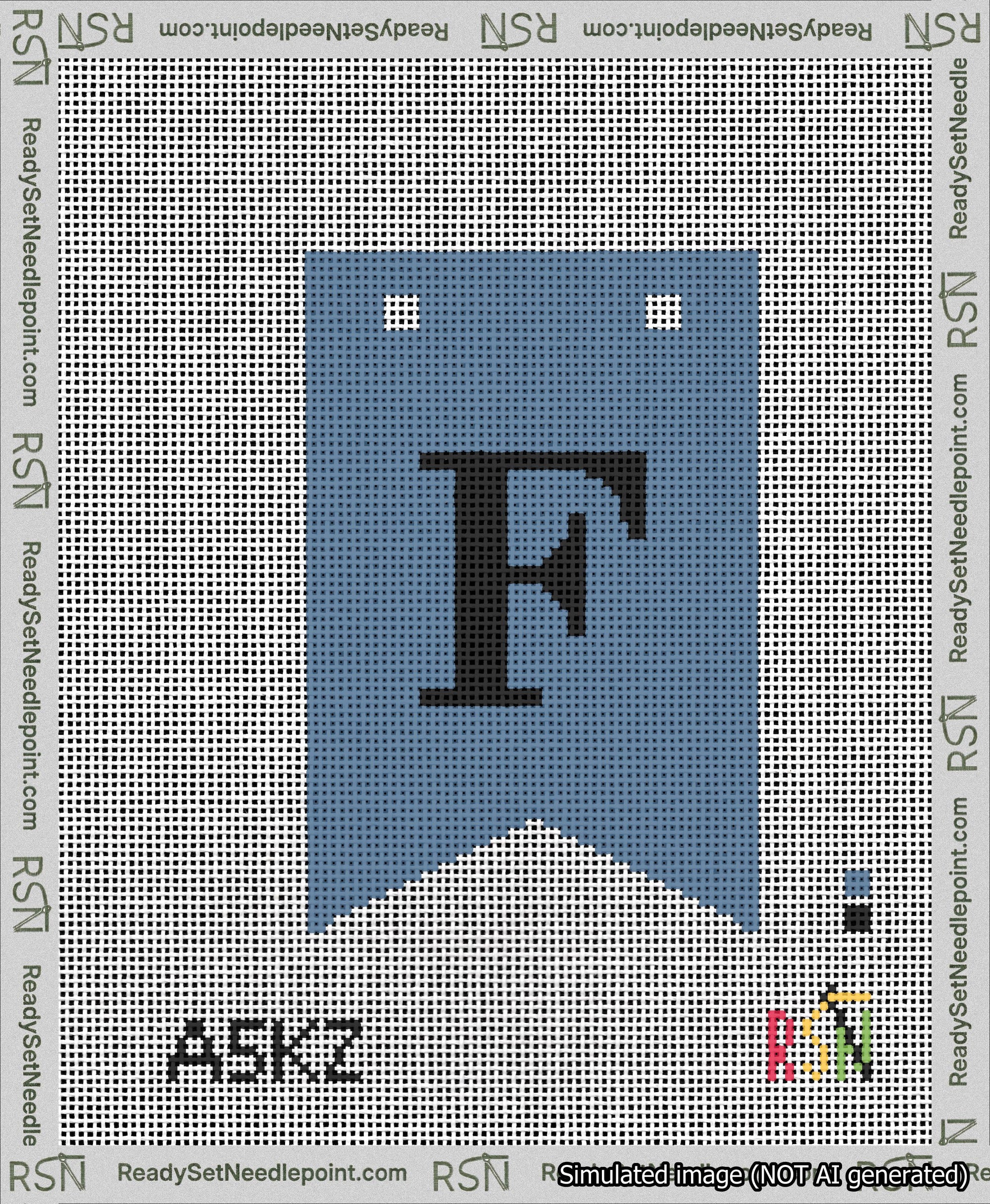 A taped needlepoint canvas with the design: Banner 13 mesh count Forked F Black on Blue.