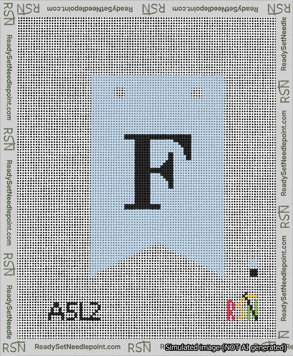 A taped needlepoint canvas with the design: Banner 13 mesh count Forked F Black on Light Blue.