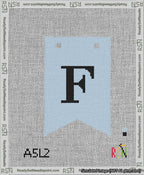 A taped needlepoint canvas with the design: Banner 13 mesh count Forked F Black on Light Blue.