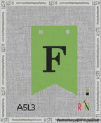 A taped needlepoint canvas with the design: Banner 13 mesh count Forked F Black on Light Green.