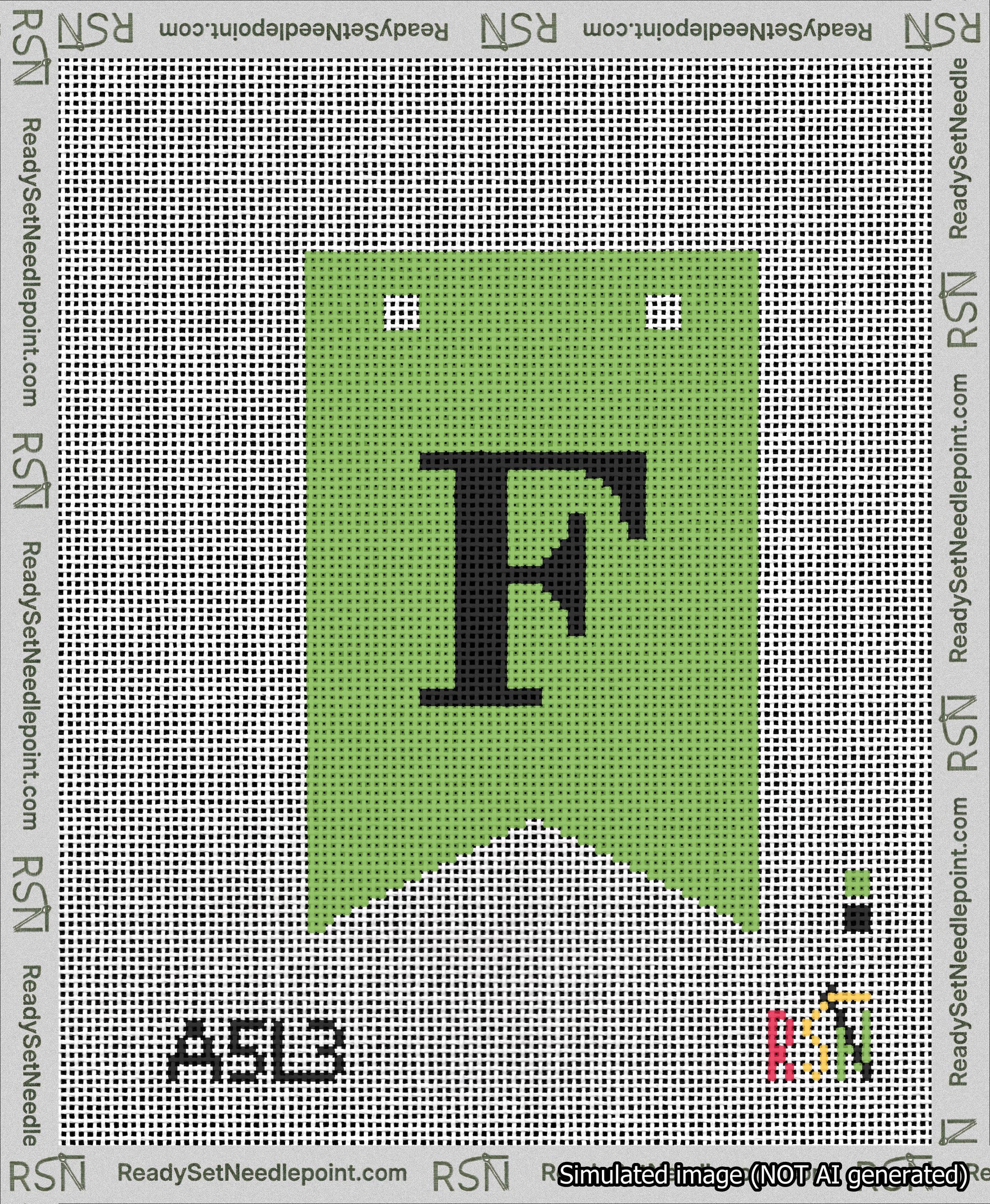 A taped needlepoint canvas with the design: Banner 13 mesh count Forked F Black on Light Green.