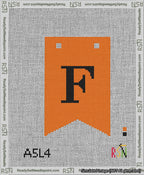 A taped needlepoint canvas with the design: Banner 13 mesh count Forked F Black on Orange.