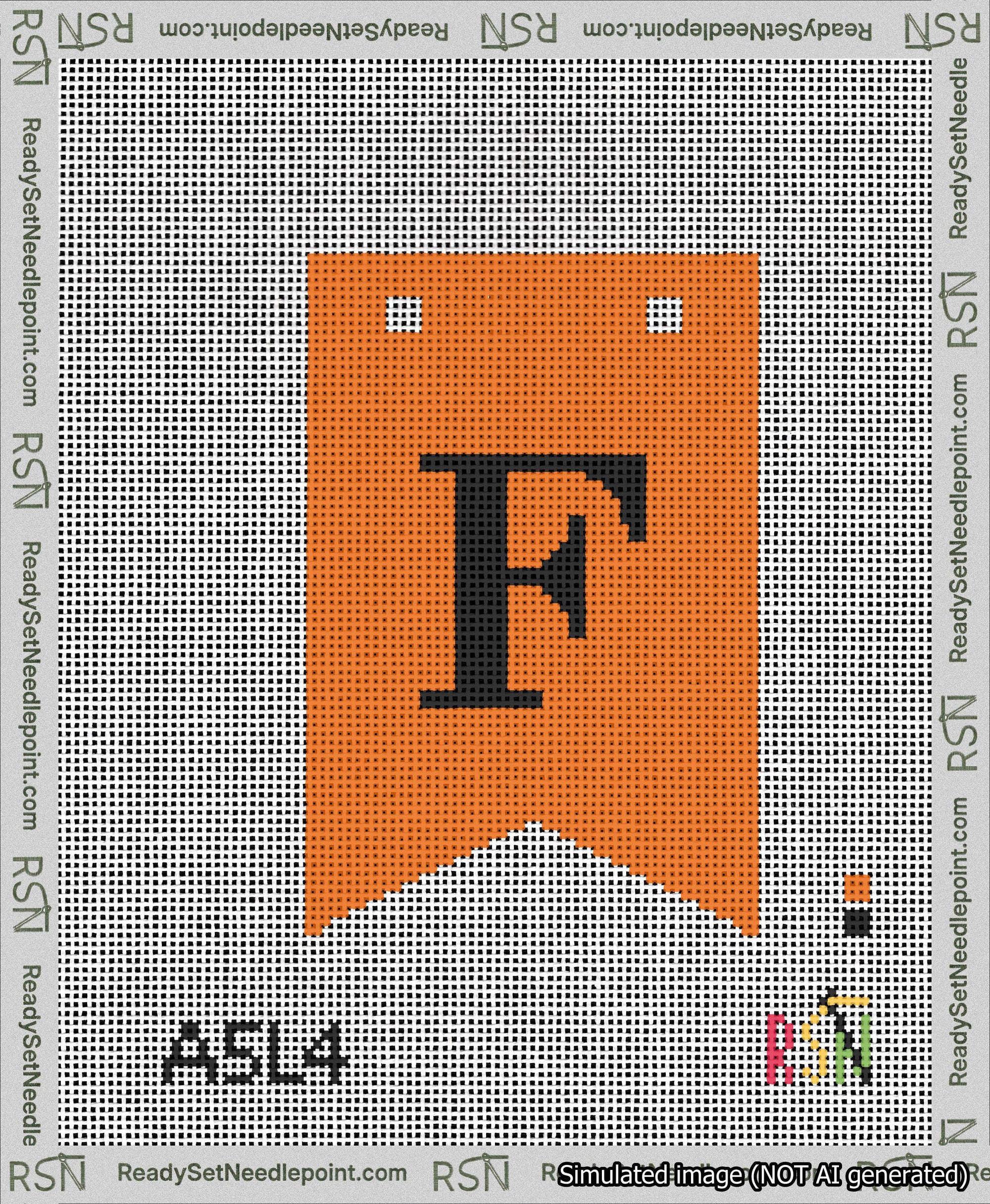A taped needlepoint canvas with the design: Banner 13 mesh count Forked F Black on Orange.