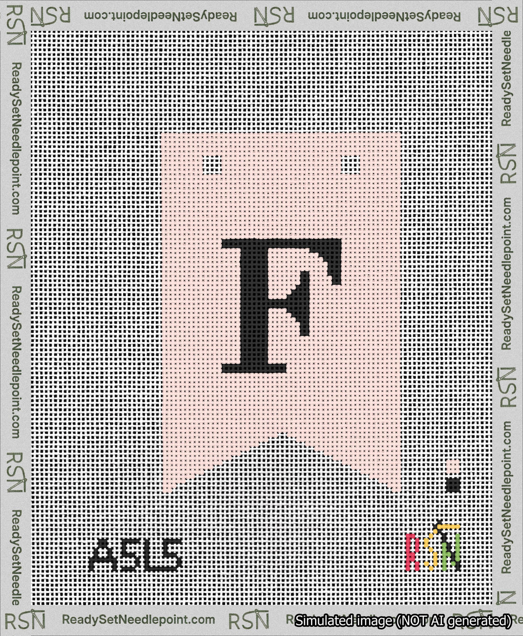 A taped needlepoint canvas with the design: Banner 13 mesh count Forked F Black on Pink.