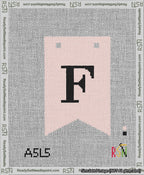 A taped needlepoint canvas with the design: Banner 13 mesh count Forked F Black on Pink.