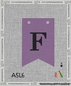 A taped needlepoint canvas with the design: Banner 13 mesh count Forked F Black on Purple.