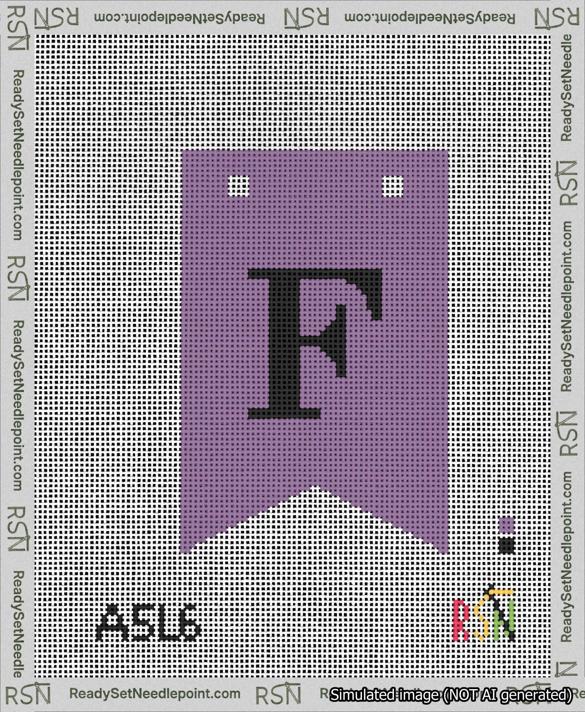 A taped needlepoint canvas with the design: Banner 13 mesh count Forked F Black on Purple.