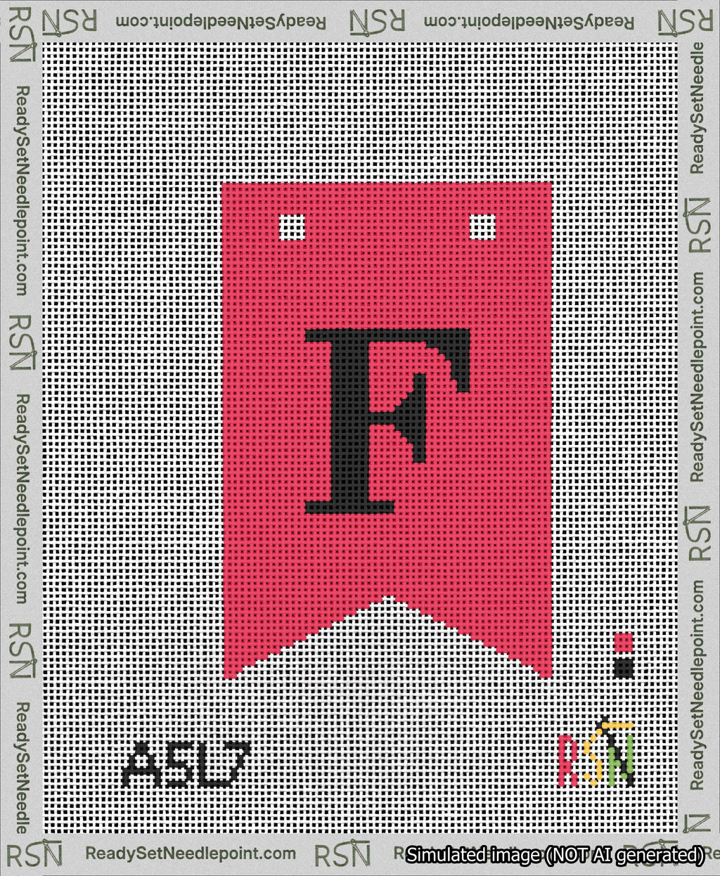 A taped needlepoint canvas with the design: Banner 13 mesh count Forked F Black on Red.