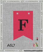 A taped needlepoint canvas with the design: Banner 13 mesh count Forked F Black on Red.