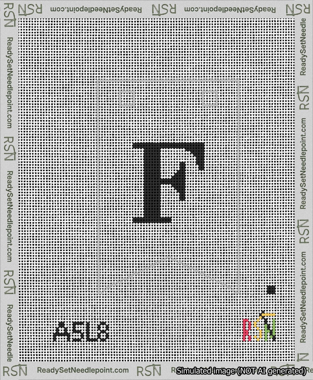 A taped needlepoint canvas with the design: Banner 13 mesh count Forked F Black on White.