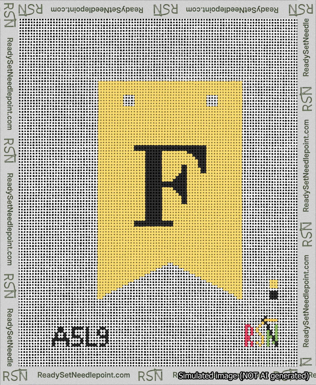 A taped needlepoint canvas with the design: Banner 13 mesh count Forked F Black on Yellow.