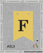 A taped needlepoint canvas with the design: Banner 13 mesh count Forked F Black on Yellow.