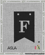 A taped needlepoint canvas with the design: Banner 13 mesh count Forked F White on Black.