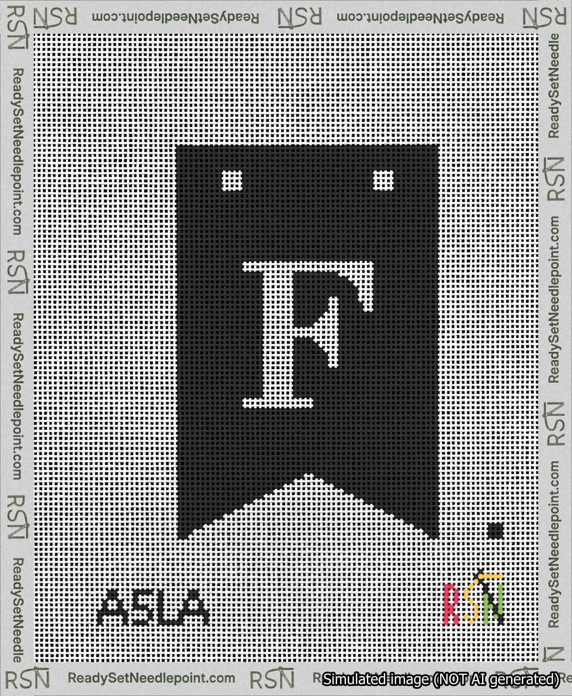 A taped needlepoint canvas with the design: Banner 13 mesh count Forked F White on Black.
