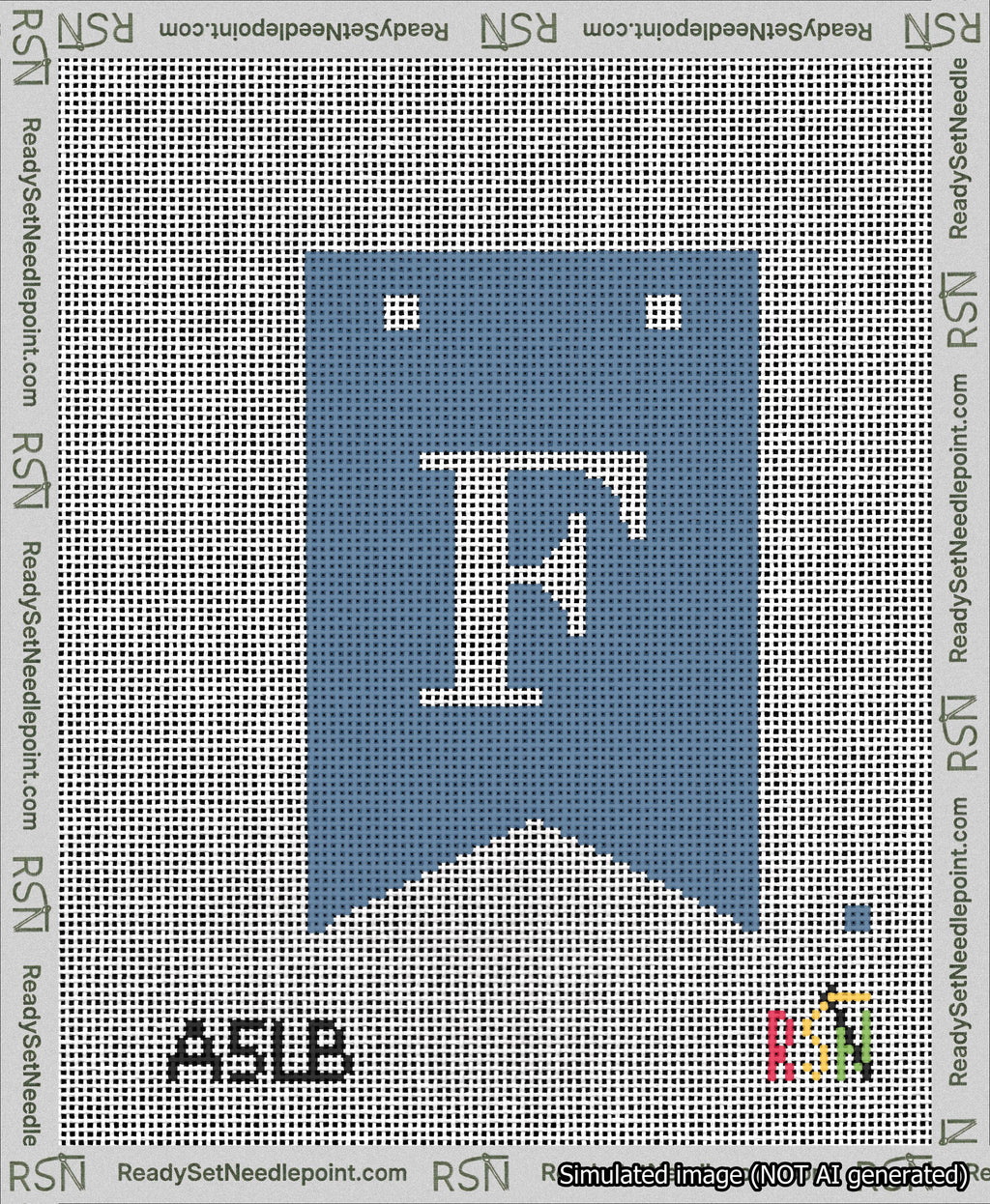 A taped needlepoint canvas with the design: Banner 13 mesh count Forked F White on Blue.