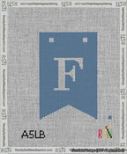 A taped needlepoint canvas with the design: Banner 13 mesh count Forked F White on Blue.