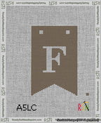 A taped needlepoint canvas with the design: Banner 13 mesh count Forked F White on Brown.