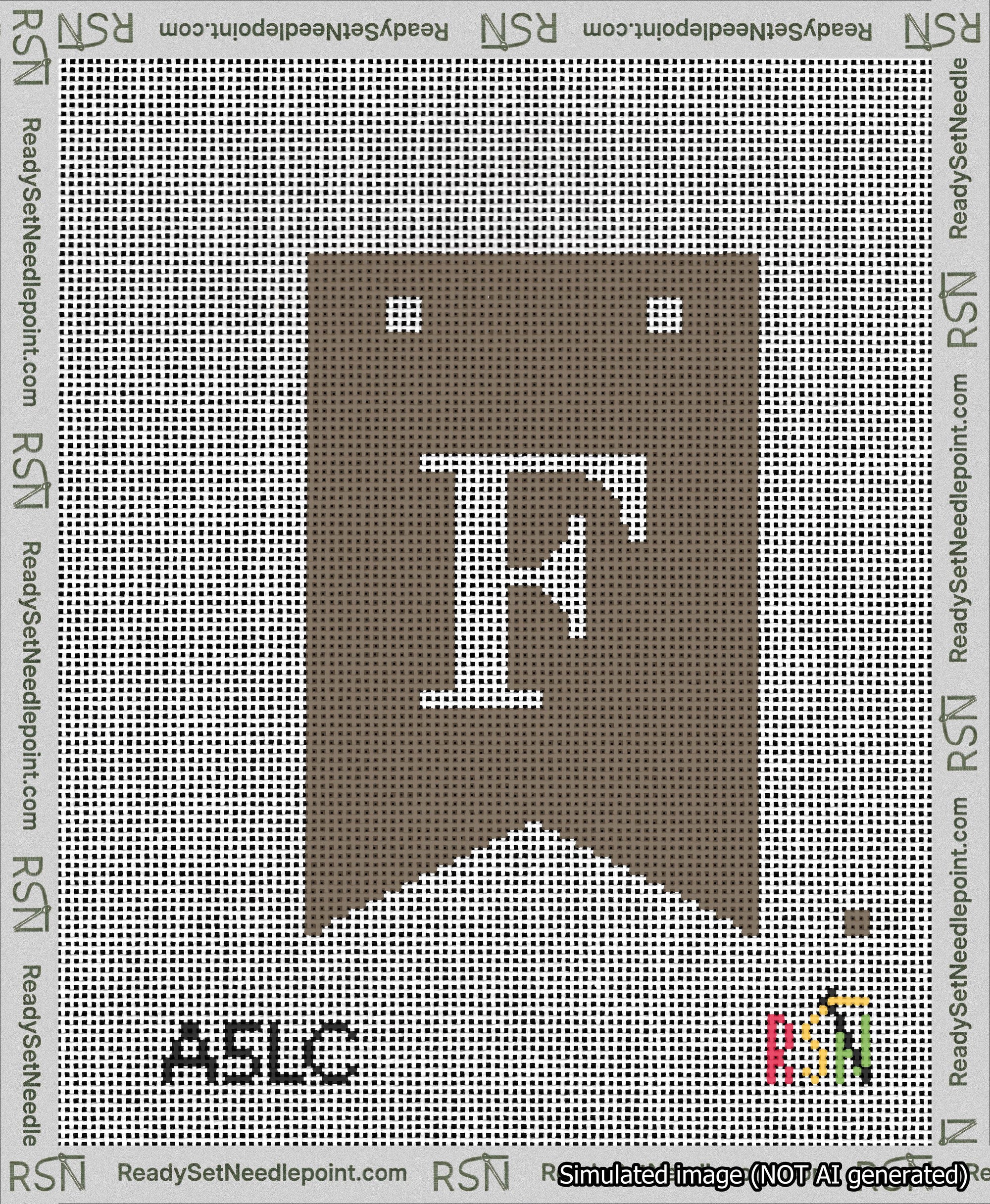 A taped needlepoint canvas with the design: Banner 13 mesh count Forked F White on Brown.