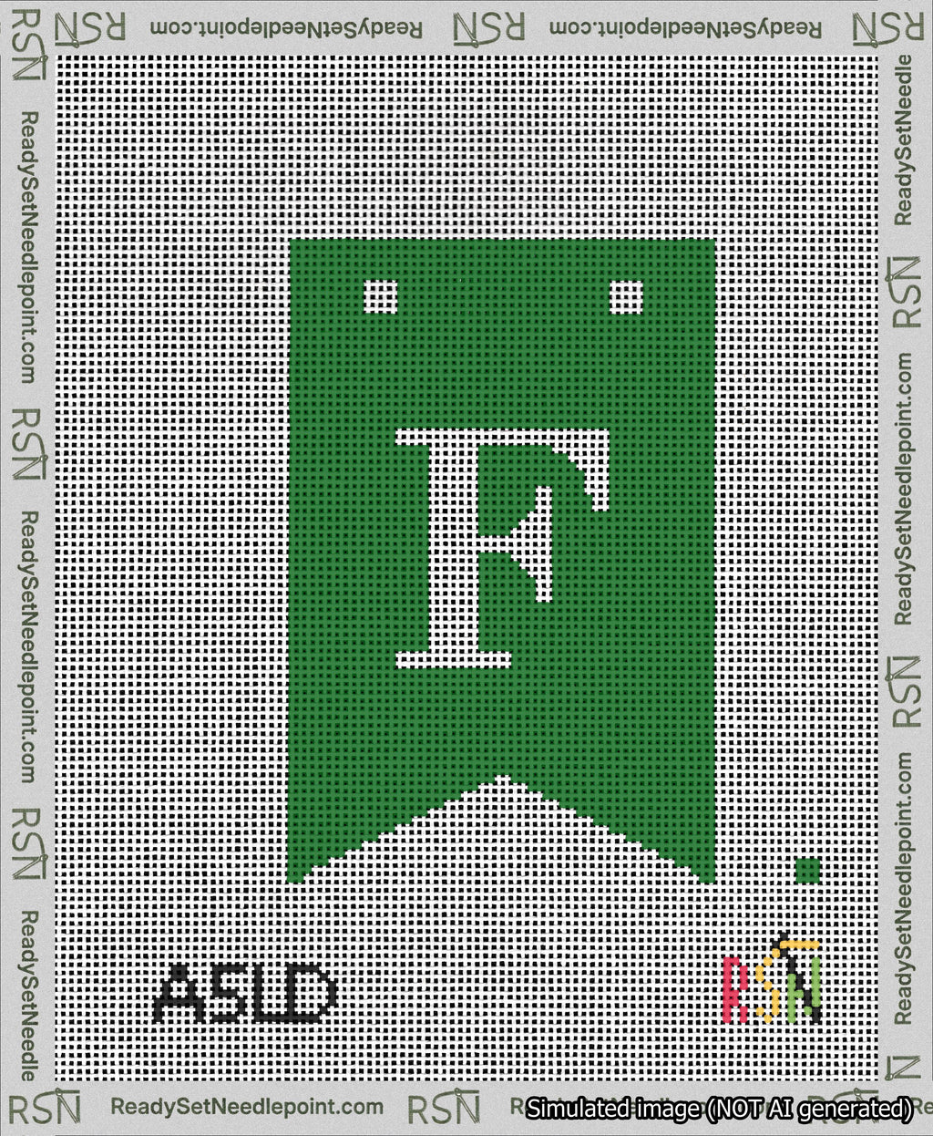 A taped needlepoint canvas with the design: Banner 13 mesh count Forked F White on Green.