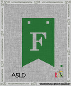 A taped needlepoint canvas with the design: Banner 13 mesh count Forked F White on Green.