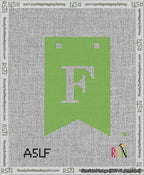A taped needlepoint canvas with the design: Banner 13 mesh count Forked F White on Light Green.