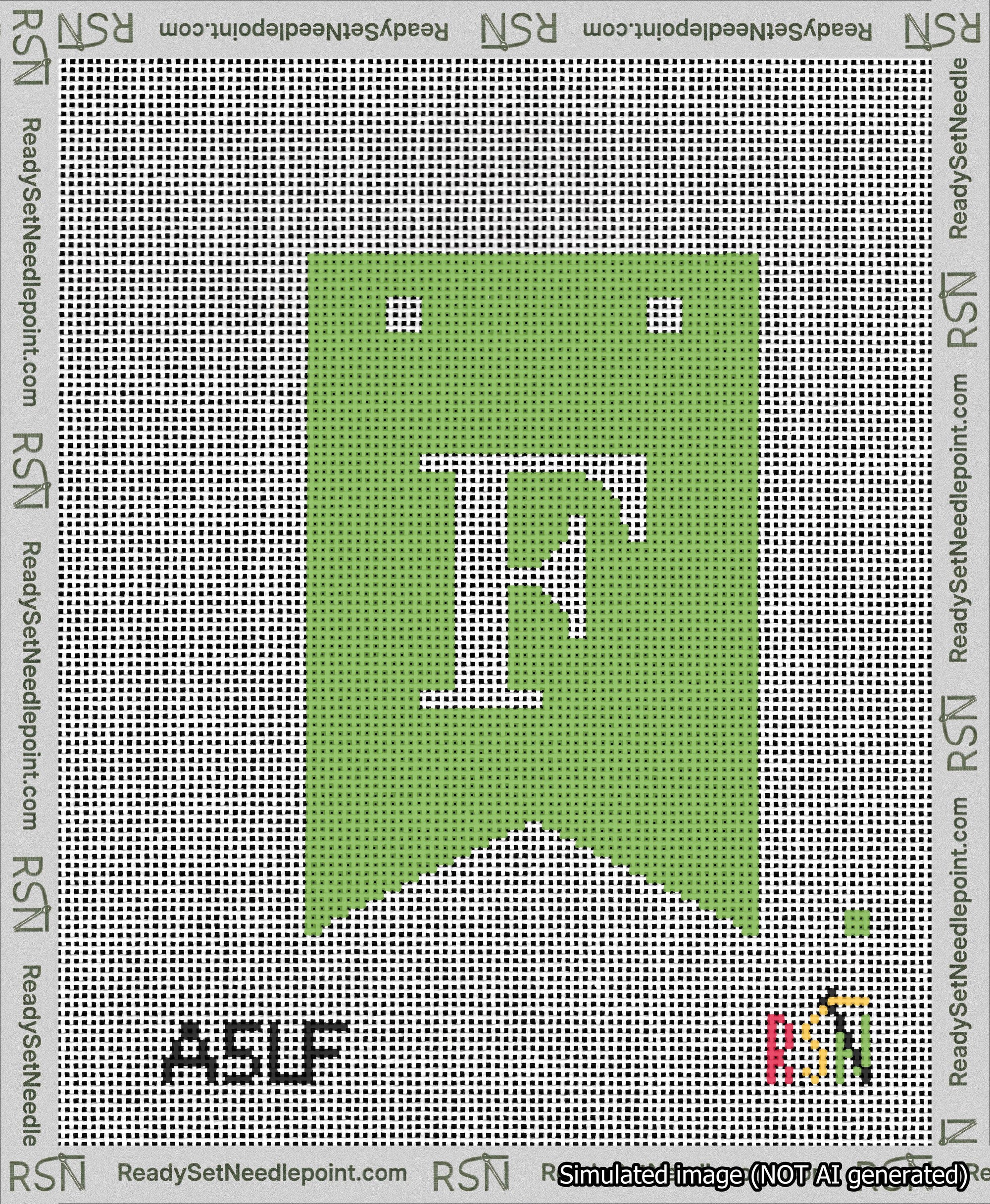 A taped needlepoint canvas with the design: Banner 13 mesh count Forked F White on Light Green.