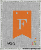 A taped needlepoint canvas with the design: Banner 13 mesh count Forked F White on Orange.