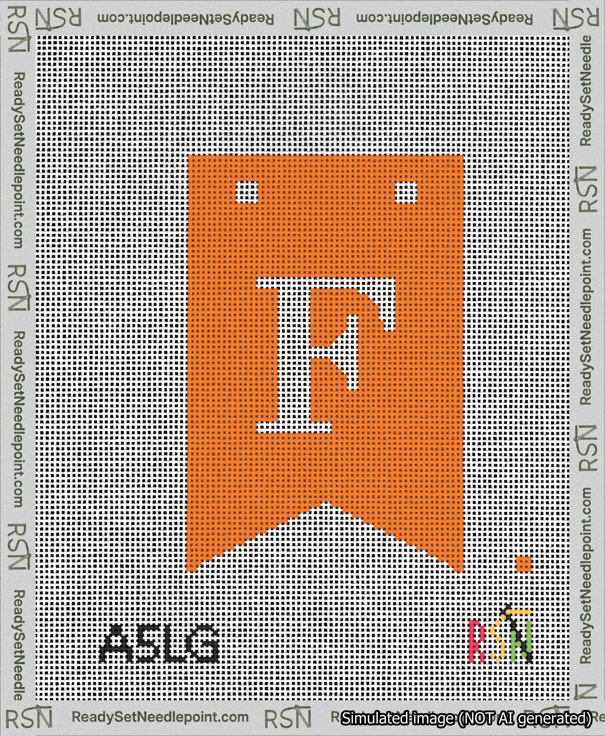 A taped needlepoint canvas with the design: Banner 13 mesh count Forked F White on Orange.