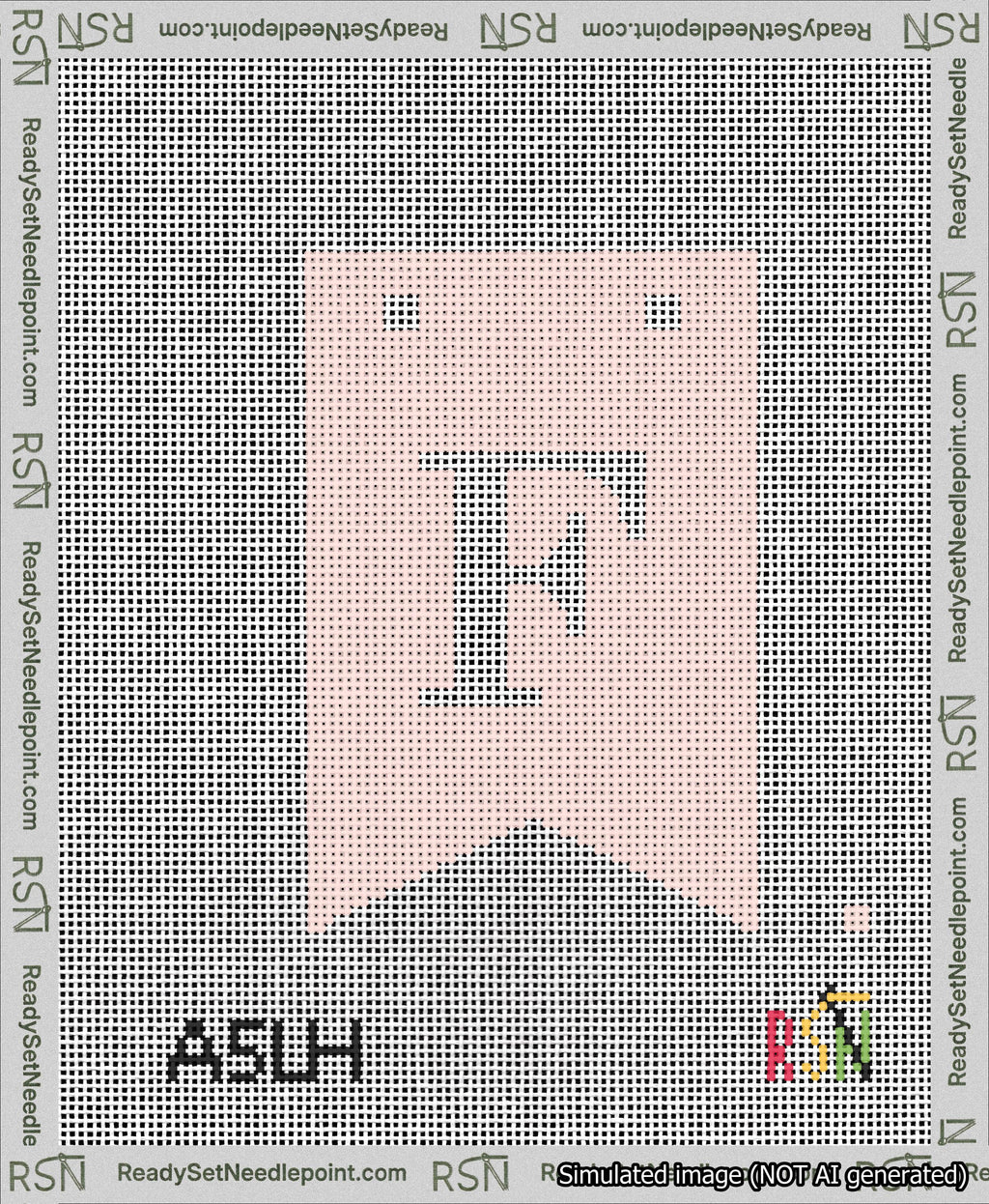 A taped needlepoint canvas with the design: Banner 13 mesh count Forked F White on Pink.
