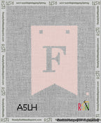 A taped needlepoint canvas with the design: Banner 13 mesh count Forked F White on Pink.