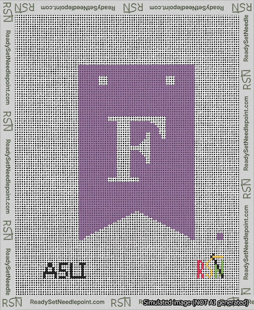 A taped needlepoint canvas with the design: Banner 13 mesh count Forked F White on Purple.