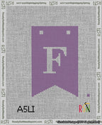 A taped needlepoint canvas with the design: Banner 13 mesh count Forked F White on Purple.