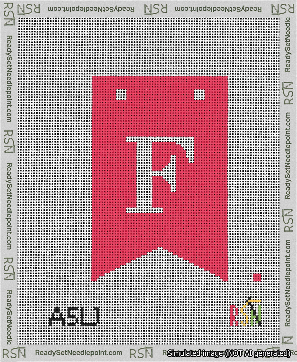 A taped needlepoint canvas with the design: Banner 13 mesh count Forked F White on Red.