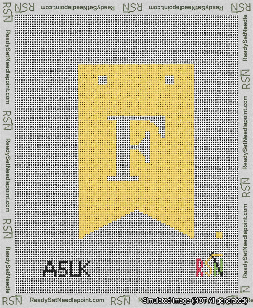 A taped needlepoint canvas with the design: Banner 13 mesh count Forked F White on Yellow.