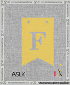 A taped needlepoint canvas with the design: Banner 13 mesh count Forked F White on Yellow.