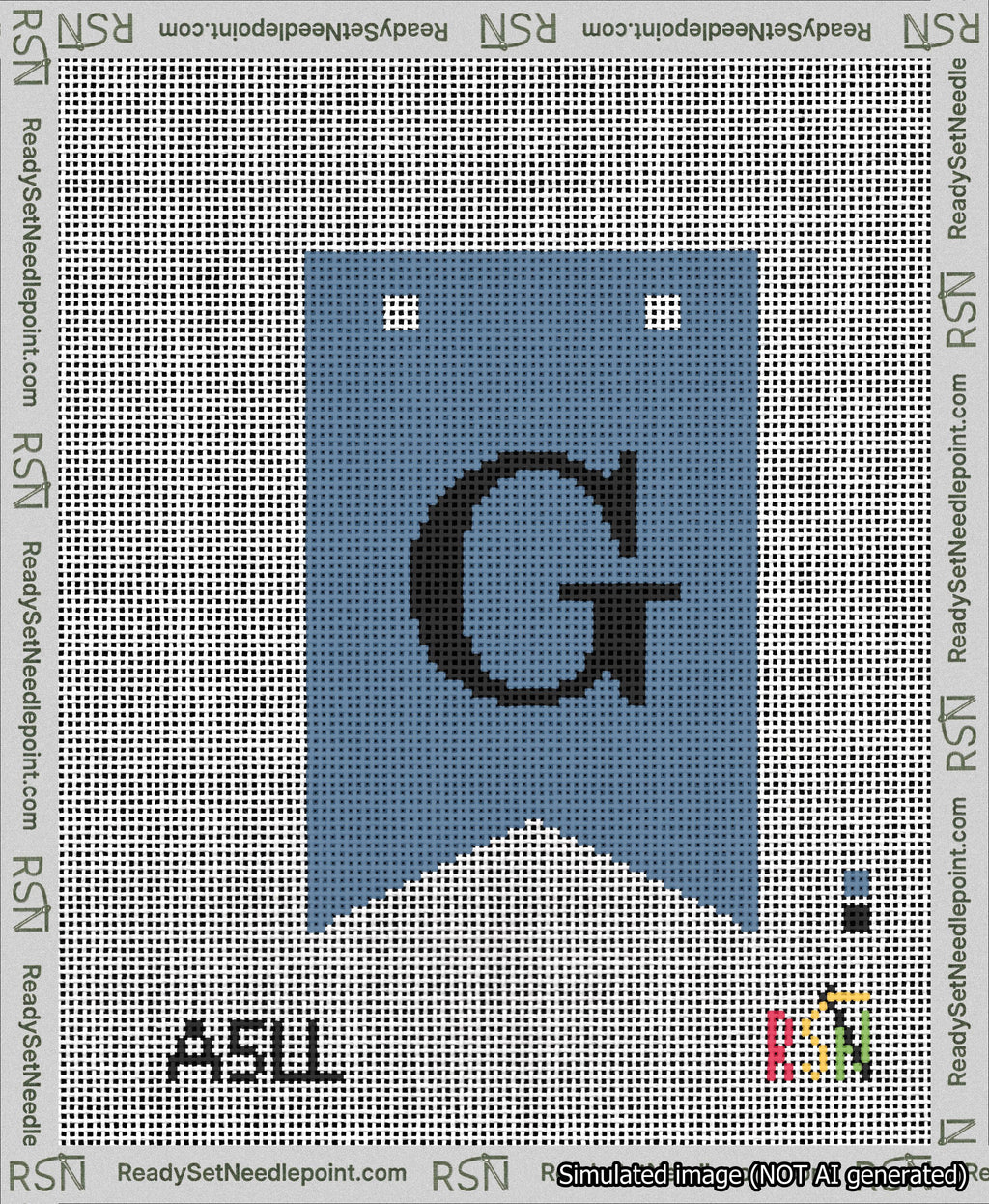 A taped needlepoint canvas with the design: Banner 13 mesh count Forked G Black on Blue.