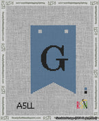 A taped needlepoint canvas with the design: Banner 13 mesh count Forked G Black on Blue.