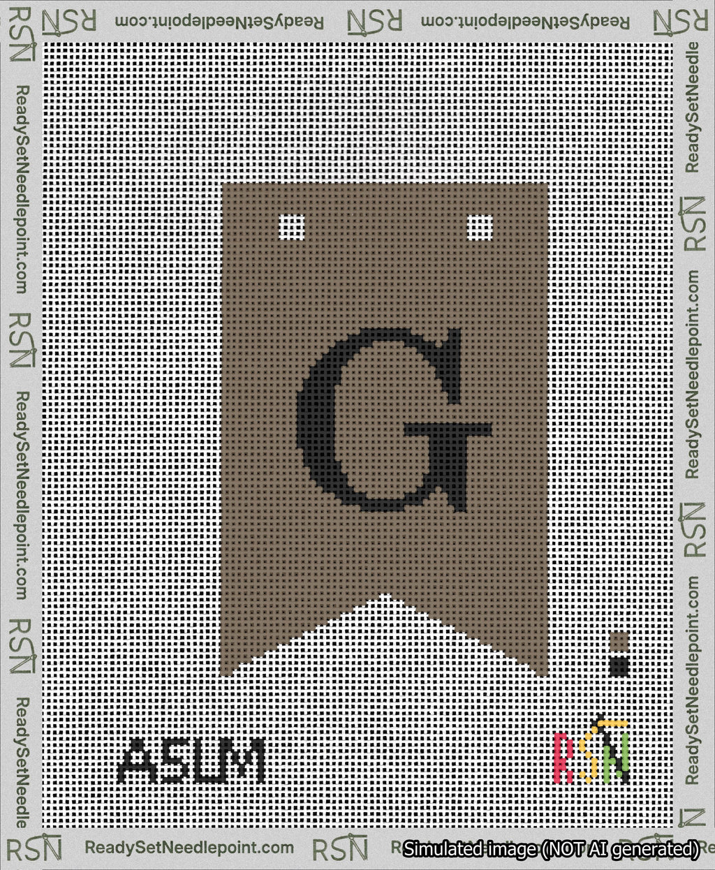 A taped needlepoint canvas with the design: Banner 13 mesh count Forked G Black on Brown.