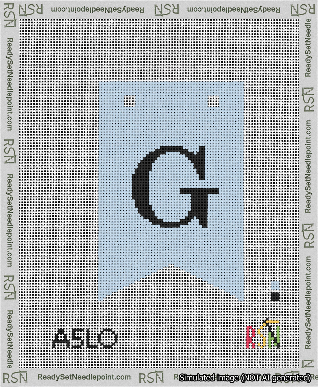 A taped needlepoint canvas with the design: Banner 13 mesh count Forked G Black on Light Blue.