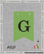 A taped needlepoint canvas with the design: Banner 13 mesh count Forked G Black on Light Green.
